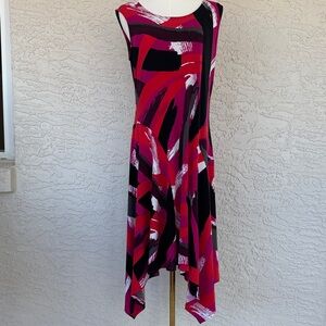 Bali Vibrant Abstract Sleeveless Midi Dress in Red, Magenta and Black.  Size M